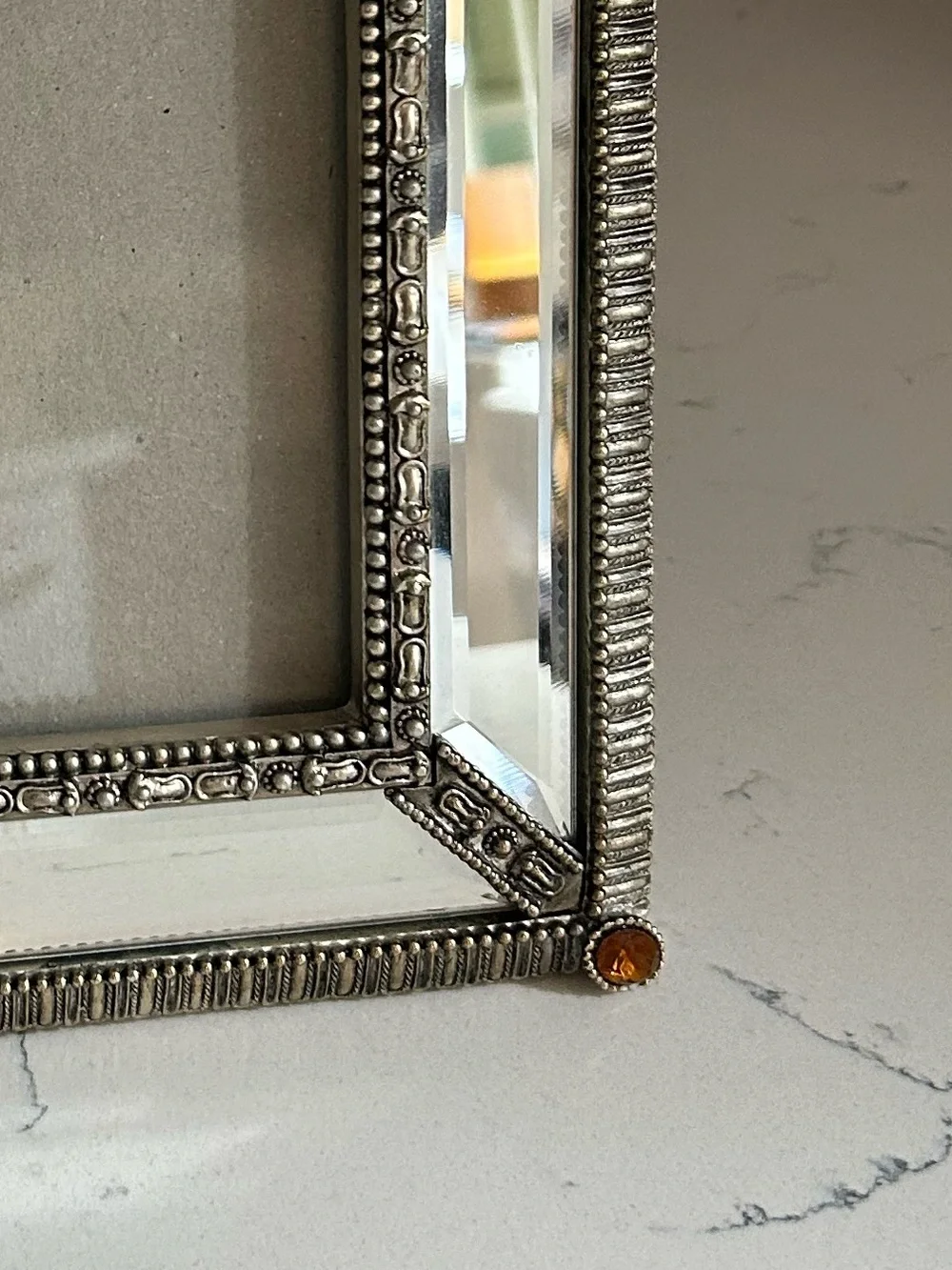 Ornate Silver Mirrored Photo Frame with Amber Crystal Accents